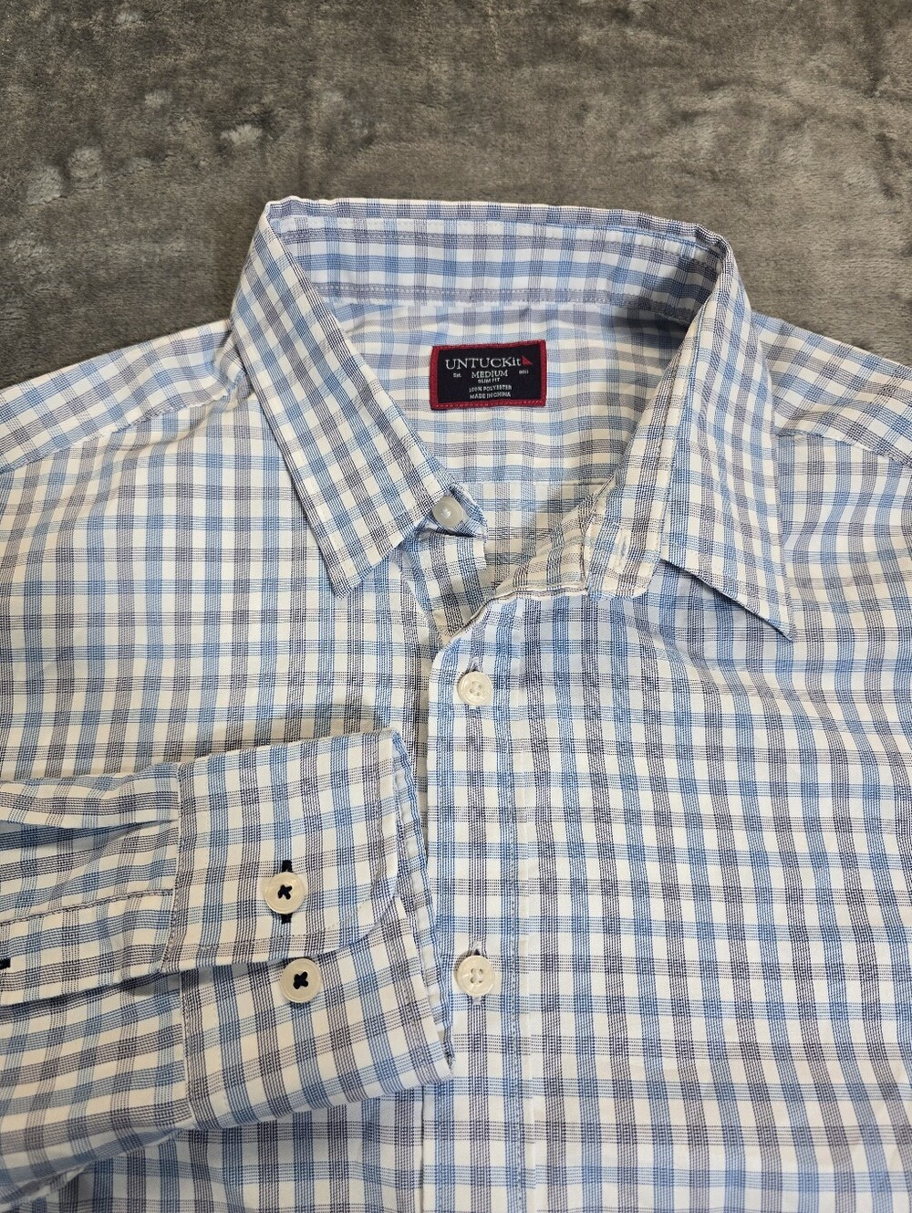 Untuckit Duras Slim Fit Gingham Plaid Button Up Shirt Size Medium Blue Purple